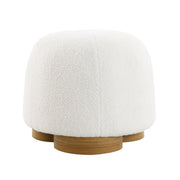 Round Bouclé Upholstered Ottoman Wood Base