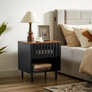 Grille-Door Mid-Century Nightstand Set — Slatted grille doors, open shelf, warm wood-grain top — sold as a pair