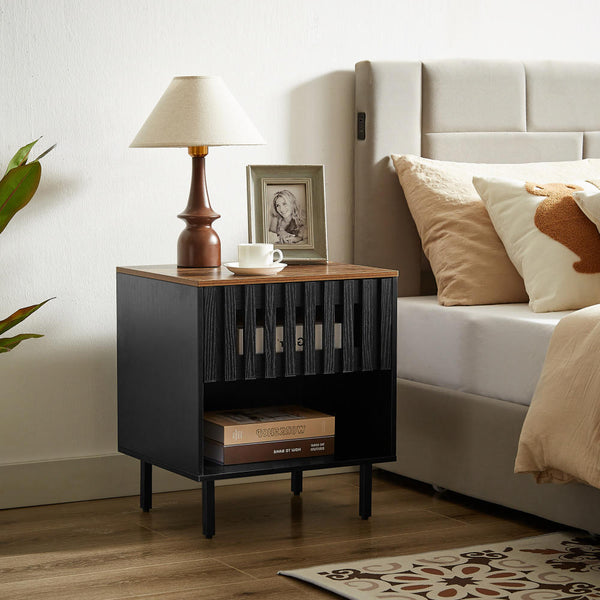 Grille-Door Mid-Century Nightstand Set — Slatted grille doors, open shelf, warm wood-grain top — sold as a pair