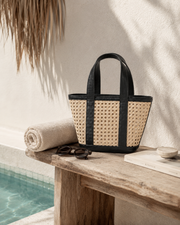 Leather Trim Cane Weave Carryall Bag