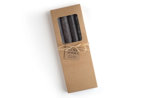 Three black taper candles with frosted, taper