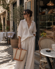 Leather Trim Cane Weave Carryall Bag