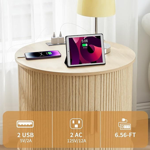 Fluted Round End Table with Charging Station