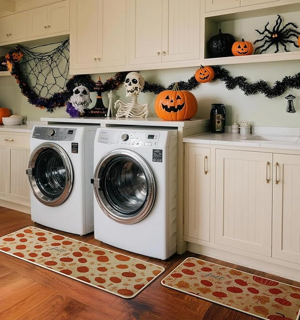 Two beige with orange Pumpkin Print Kitchen Mat Set kitchen mats with pumpkin print, rectangular