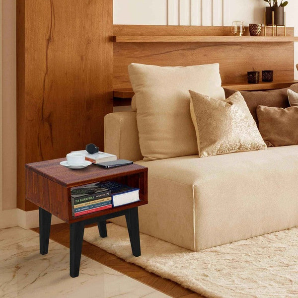 Open-Shelf Acacia Wood Nightstand — styled in a complete room vignette