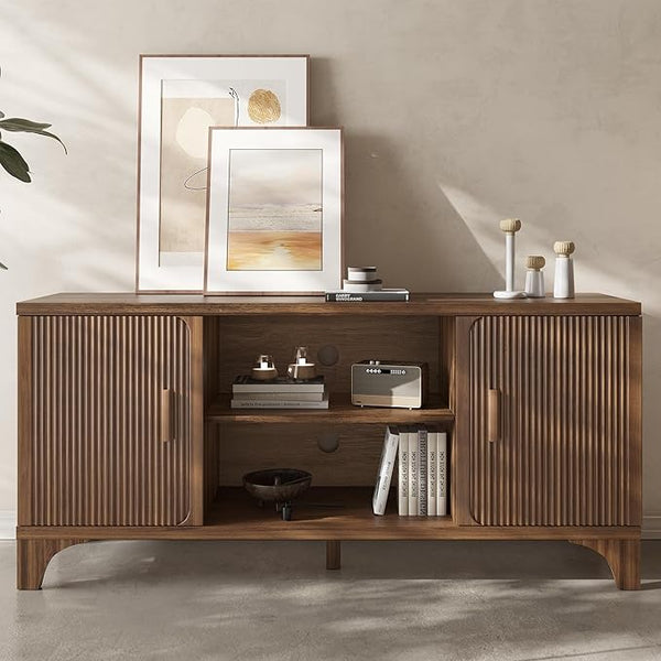 Tall Dark Brown Fluted TV Stand with Storage