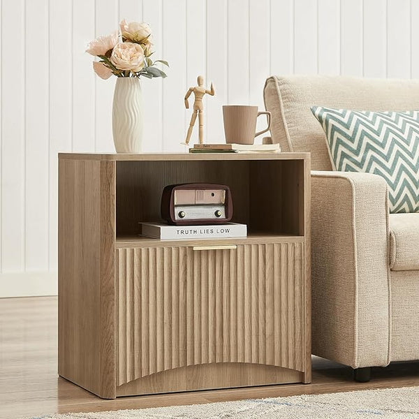 Natural Oak Fluted Nightstand with Drawer & Storage
