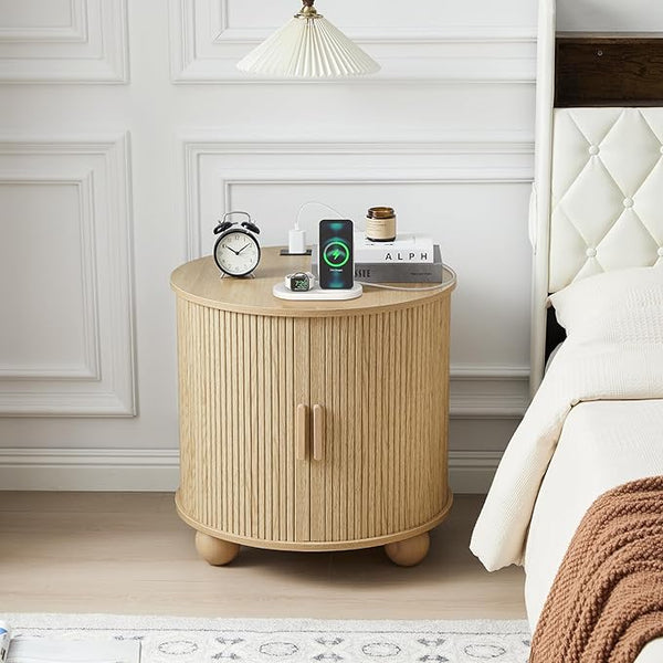 Fluted Round End Table with Charging Station