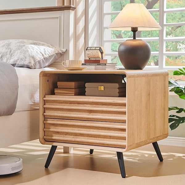 Natural Oak Fluted Charging Nightstands, Set of 2