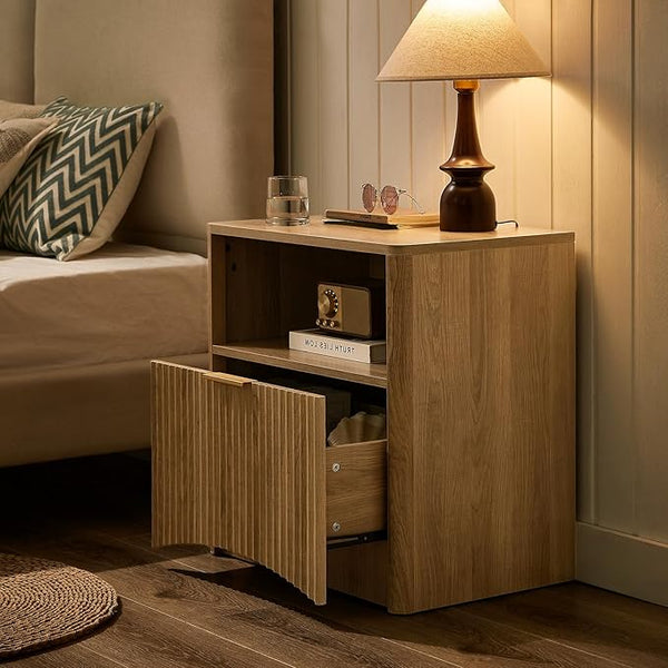 Natural Oak Fluted Nightstand with Drawer & Storage