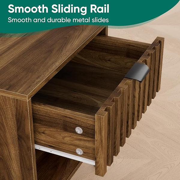 Walnut Fluted Nightstand with Drawer & Open Shelf