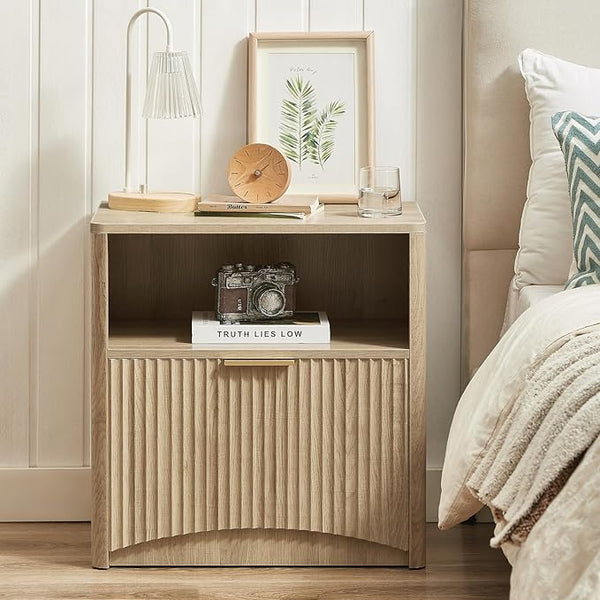 Natural Oak Fluted Nightstand with Drawer & Storage