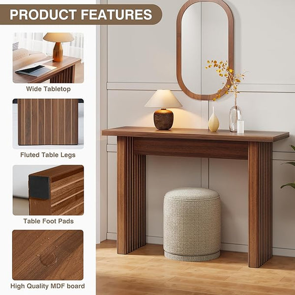 Walnut Fluted Narrow Entryway Console Table