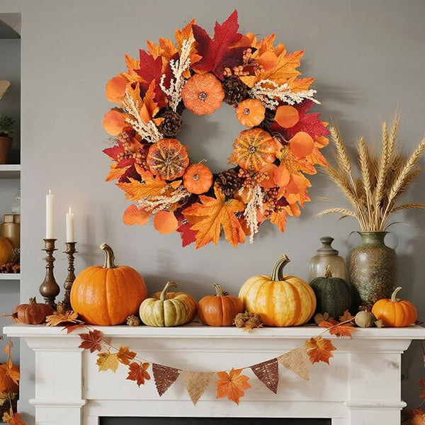 Autumn Pumpkin and Maple Leaf Wreath