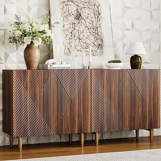 Walnut-tone brown media console with fluted linear geometric cabinet with fluted geometric door panels