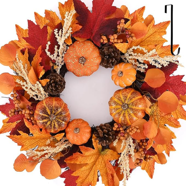 Autumn Pumpkin and Maple Leaf Wreath