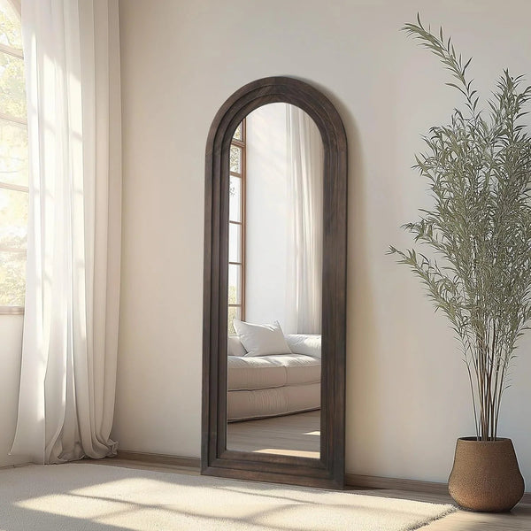 Arched Wood-Grain Floor Mirror