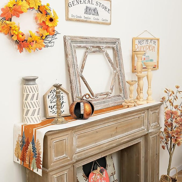 Orange Autumn Forest Print table runner with autumn forest print, rectangular