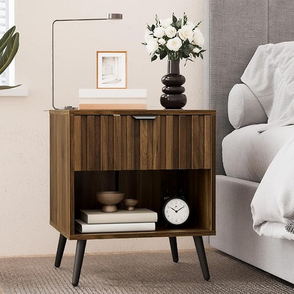 Walnut Fluted Nightstand with Drawer & Open Shelf