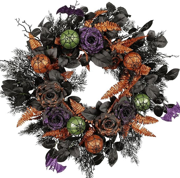 Glitter Rose Halloween Front Door Wreath