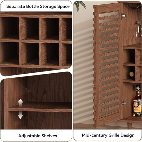 Walnut Slatted-Door Bar Cabinet with Wine Racks