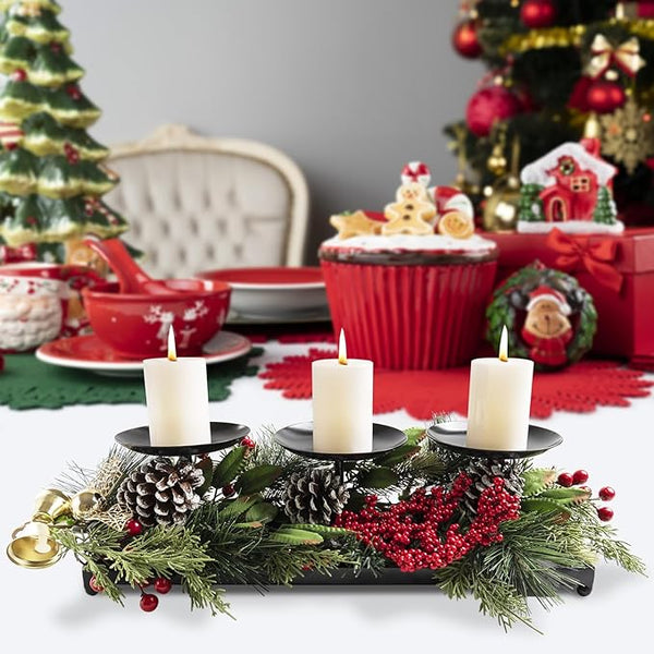 Black candle holder tray, rectangular tray with three circular pillar holders