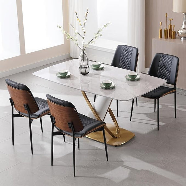 Four black dining chairs with quilted diamond pattern on seat back, dining chair with curved backrest