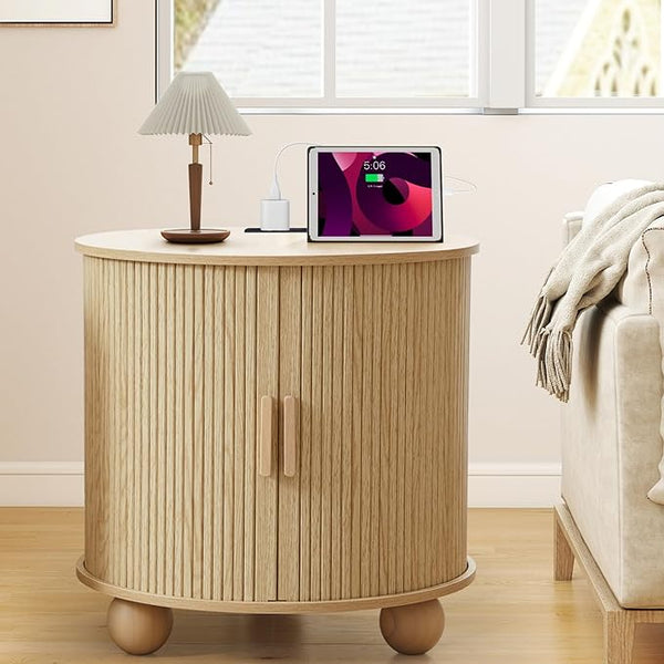 Fluted Round End Table with Charging Station