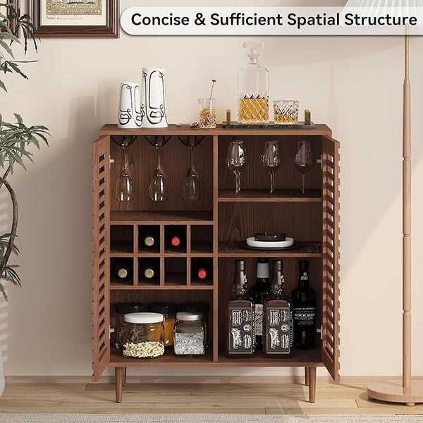 Walnut Slatted-Door Bar Cabinet with Wine Racks