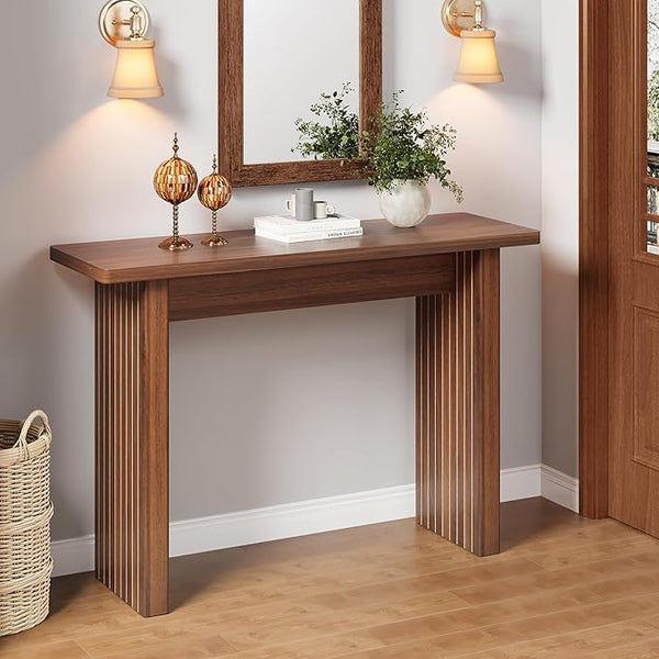 Walnut Fluted Narrow Entryway Console Table