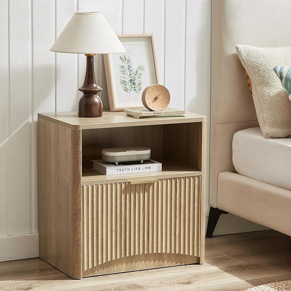 Natural Oak Fluted Nightstand with Drawer & Storage