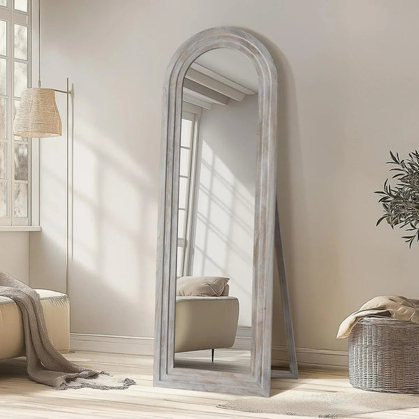 Arched Wood-Grain Floor Mirror — Full-length arched mirror with a weathered wood-grain frame — freestanding or wall-hung