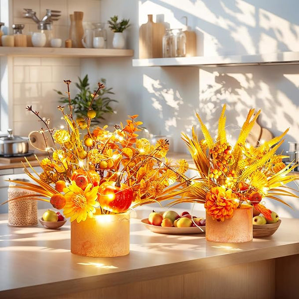 Two yellow Lighted Artificial Fall Bouquet Set bouquets, bouquet in cylinder containers