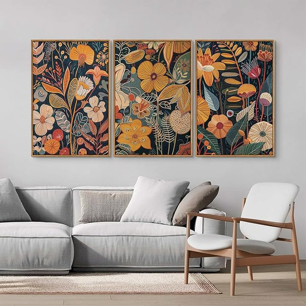 Burnt Orange Botanical Canvas Wall Art, Set of 3