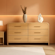 Oak Finish Curved 6-Drawer Dresser, 54 in