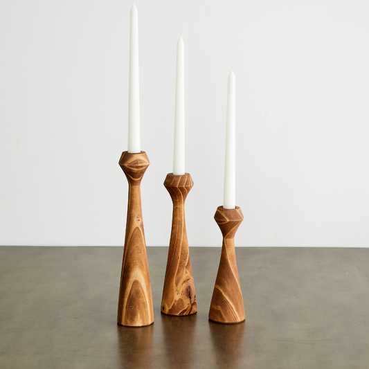 Diamond-Cut Wood Taper Candle Holder