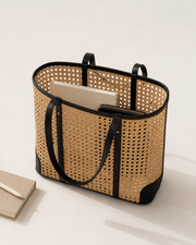 Leather and Rattan Cane Tote Bag