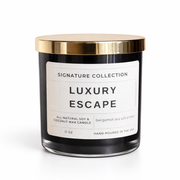 Luxury Escape Candle — Signature Collection by Fine Dining 4 Home, 11 oz bergamot/sea salt/amber soy-coconut wax candle, hand poured in USA