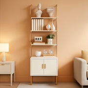 White Oak & Gold Ladder Bookshelf with Cabinet, 5-Tier