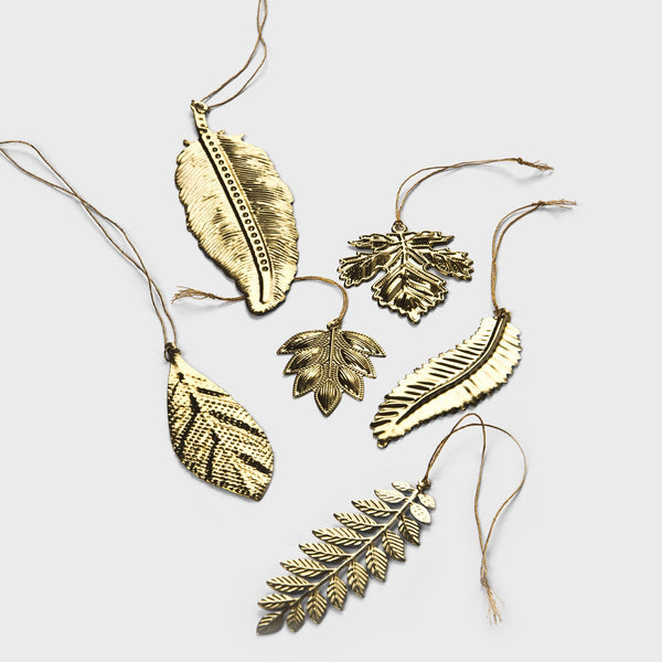 Brass Botanical Leaf Ornaments, Set of 6