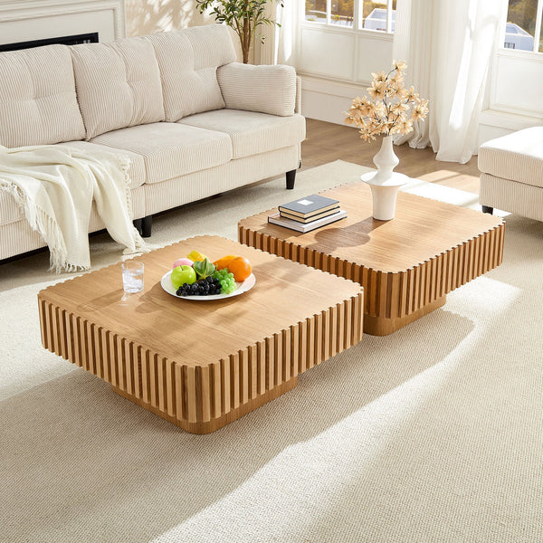 Reeded Wood-Grain Drum Coffee Table Set