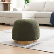 Round Bouclé Upholstered Ottoman Wood Base