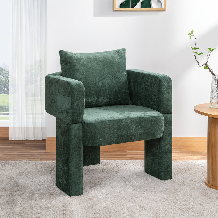 Chenille Three-Leg Accent Chair — Sculptural three-leg accent chair in deep forest green chenille with removable pillow