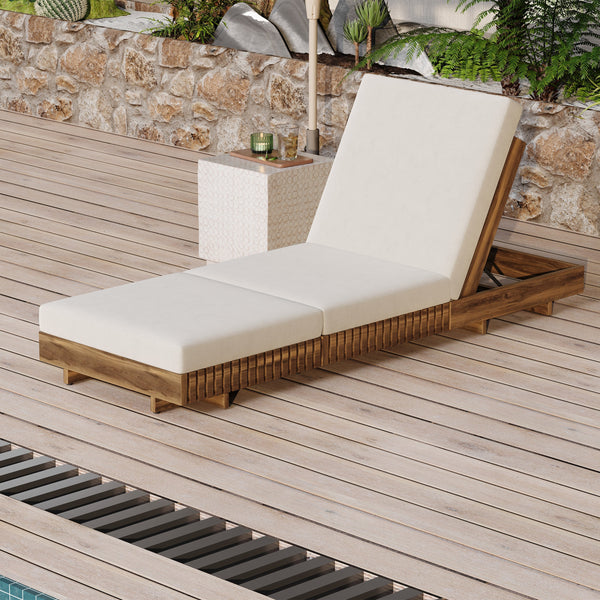 Slatted Acacia Wood Outdoor Chaise Lounger — Solid acacia lounger with thick cream cushion for patio or poolside