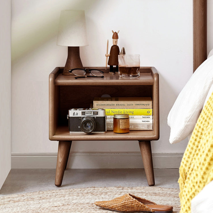 Beechwood Open-Shelf Nightstand — Open-shelf beechwood nightstand with tapered legs and cable management