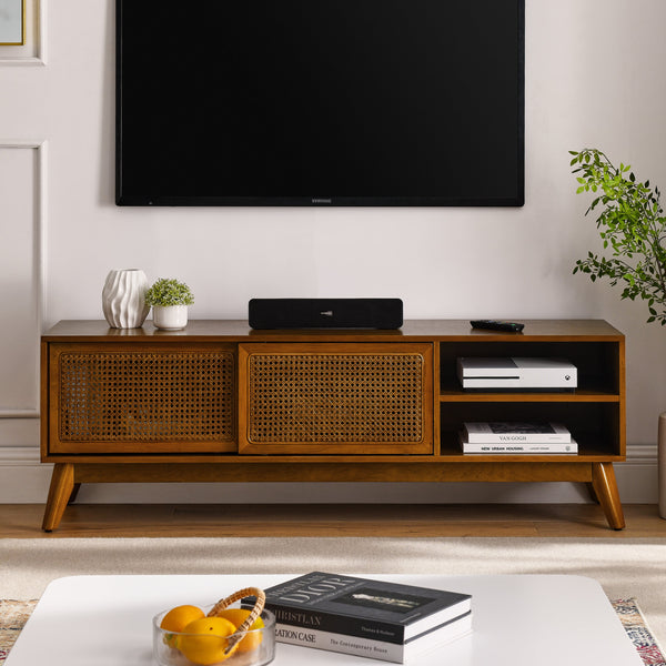Close-up of rattan weave and frame construction detail — Rattan-Door Mid-Century Media Console