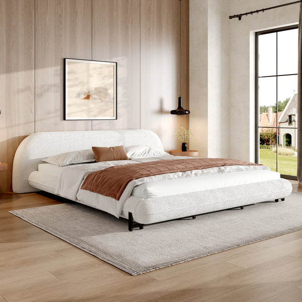 Curved Bouclé Upholstered California King Bed Frame