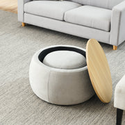 Upholstered Round Storage Ottoman Table — scale reference and proportion detail