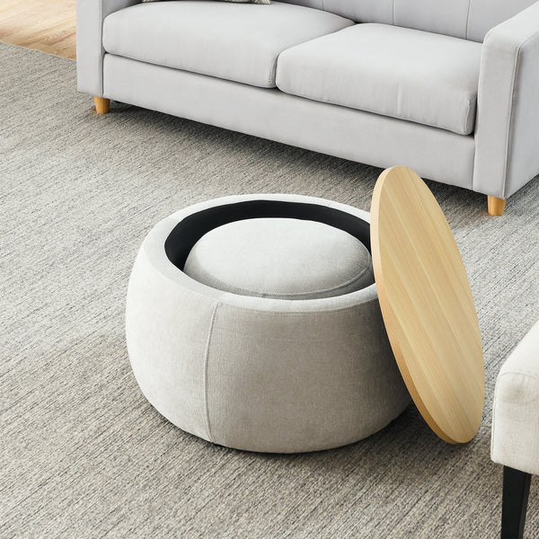 Upholstered Round Storage Ottoman Table — scale reference and proportion detail