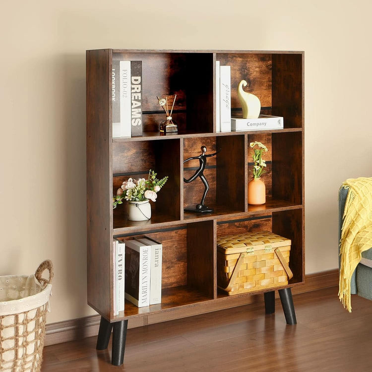 Retro Brown 7-Cube Open Bookshelf, 3-Tier